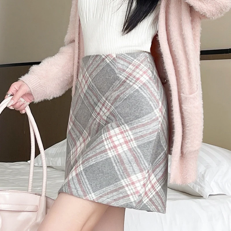 Outono inverno coreano xadrez saia de lã feminina cintura alta emagrecimento envoltório hip mini saias y2k engrossar quente curto a linha saia mujer