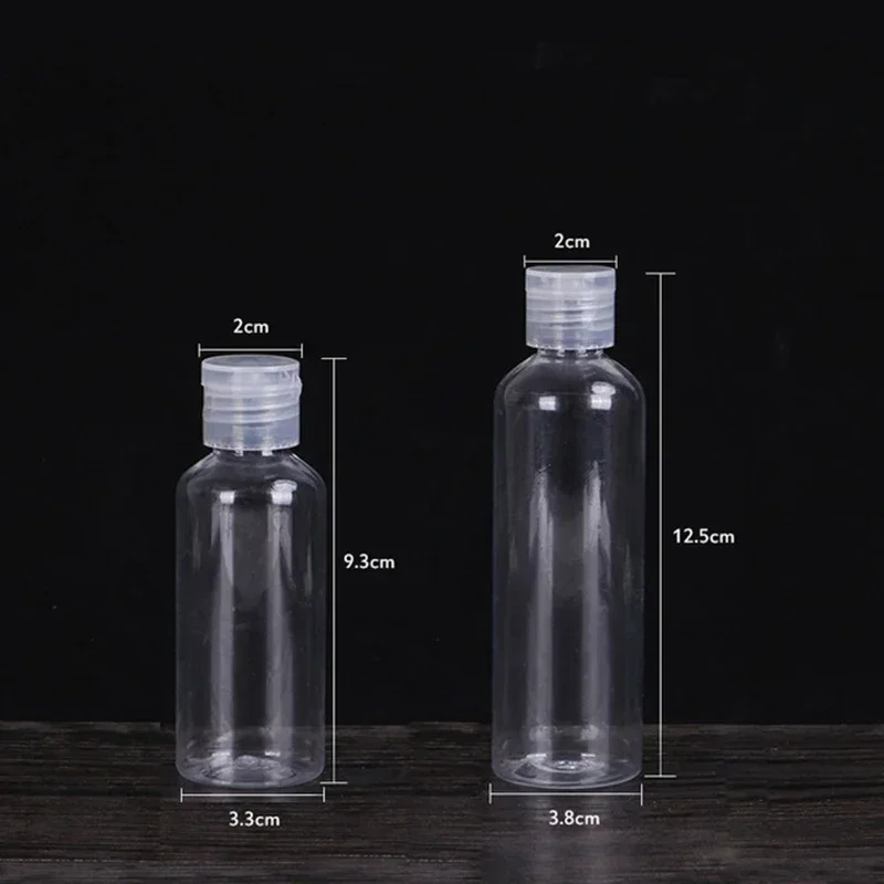 Botellas de plástico PET con tapa abatible para loción, botellas vacías de viaje rellenables para champú, contenedor de líquido, viales de muestra, 10/20/50 piezas, 50ml, 100ml