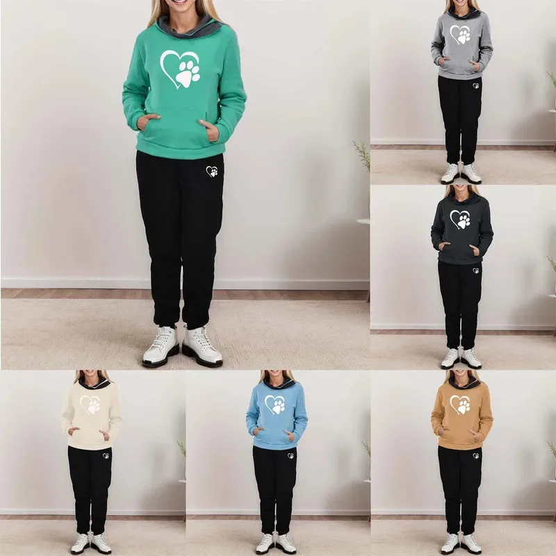 

Повседневная простая женская одежда, комплекты из 2 предметов с длинными брюками, женская мода, флисовые повседневные брюки с принтом любви, комплекты брюк с длинными рукавами