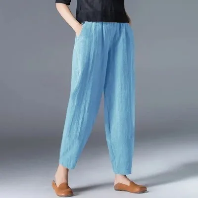 Cotton Linen Harem Pants Women Summer Nine Points Loose Thin Elastic Waist Wide Leg Pants Artistic Versatile Casual Pants