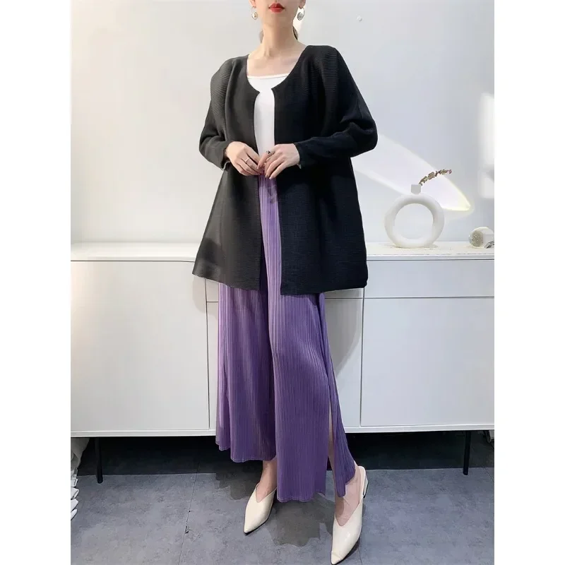 Pleats Pleated Women's Cardigan Jacket Medium Long Double Layer Long Sleeve Comfortable Casual Wide Plus Size Loose 2023 Autumn