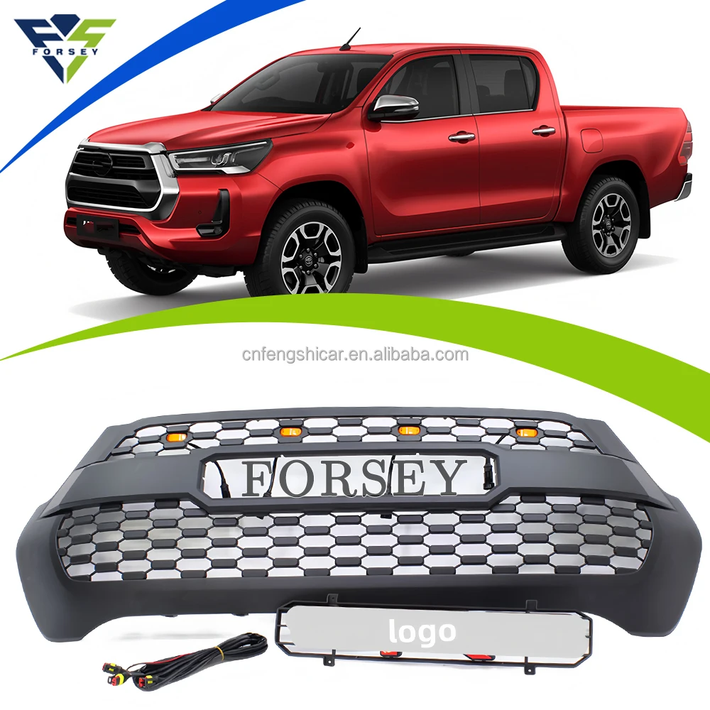 

Front Bumper Grille With LED for Hilux Rocco T-rd 2021+ 4X4 Black ABS Plastic Pickup Car Grille Parts Front Grille