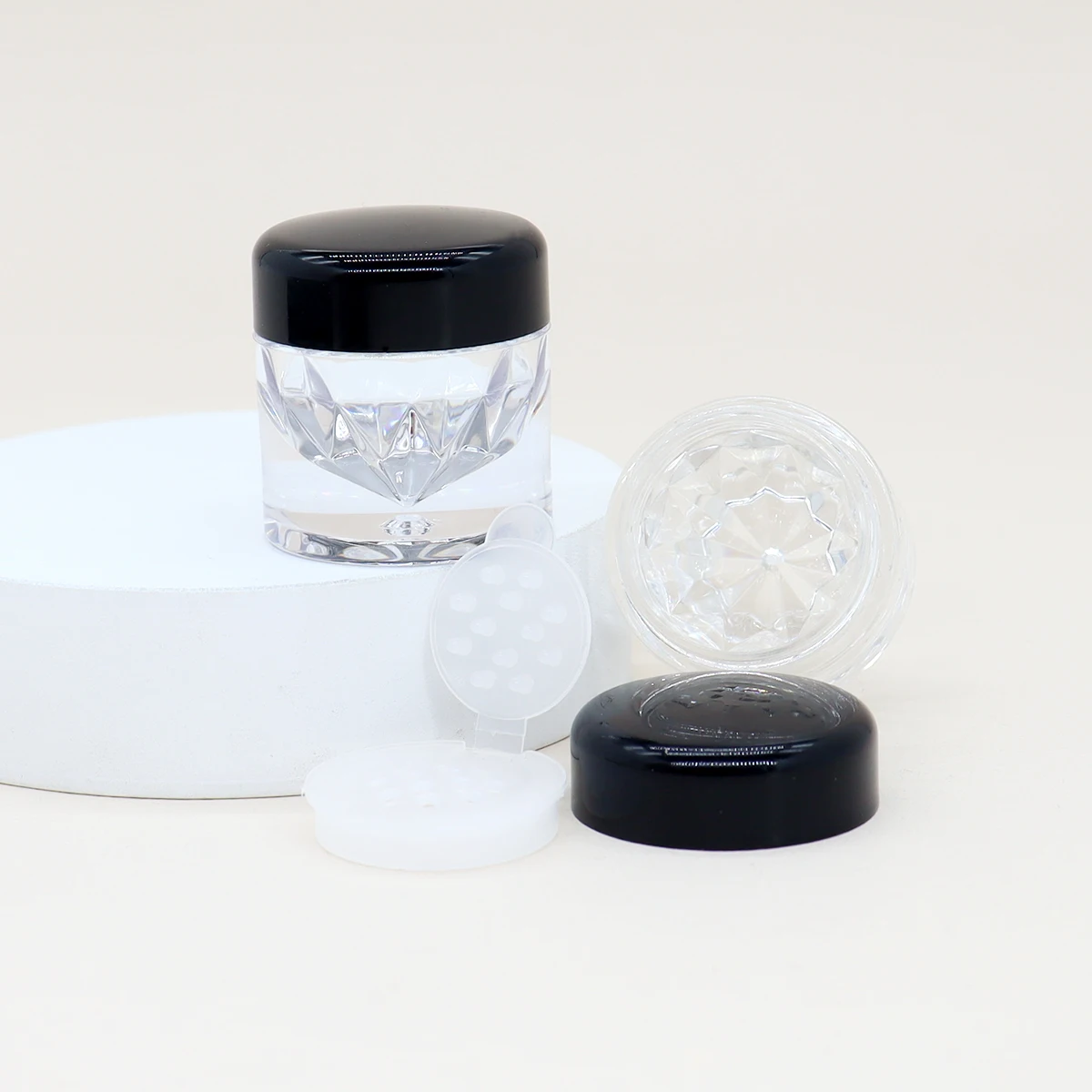 24x 3G Mini Cute Small Powder Sample Jar with Clear Black Cap PS Powder Case 3cc Small Plastic Container with 1 3 12 holes