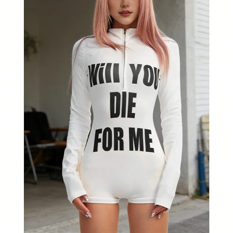 

Весенний комбинезон с буквенным принтом на молнии, с длинными рукавами, облегающий, подчеркивающий бедра, с утягивающим эффектом на талии, сексуальный, в уличном стиле, для женщин