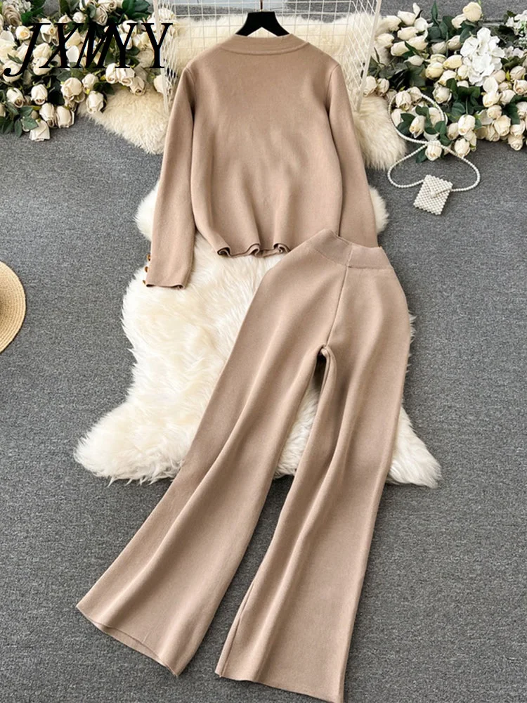 JXMYY Women Casual Long Sleeved Cardigan Sweater Wide Leg Pants Knitted Two-piece Set Y2k Korean Fashion Tide Autumn 2024