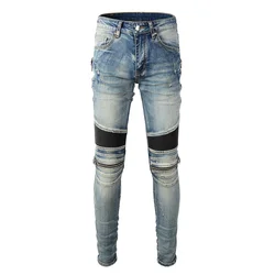 Distressed Motorbike Blue Color With Leather Ribs Patchwork Zippers Skinny Ripped Jeans Pants Men