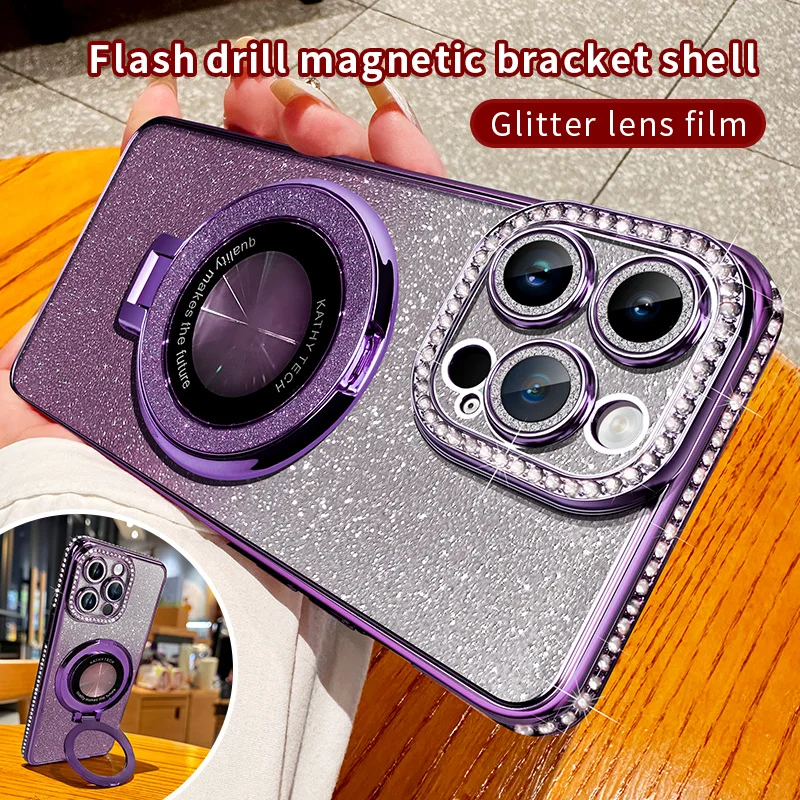 For iPhone 15 14 Plus 13 12 11 Pro Max Phone Case, Flash Powder Gradient Rhinestone Electroplating Bracket Cover
