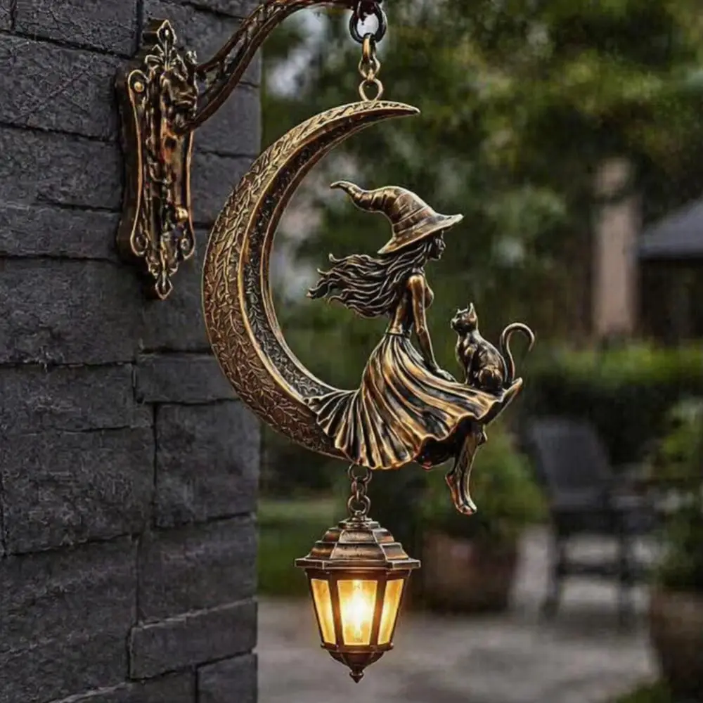 Solar Powered Moon Witch Lantern Rustproof Metal Vintage Witch on Moon Lantern LED Durable Metal Outdoor Solar Lantern Halloween