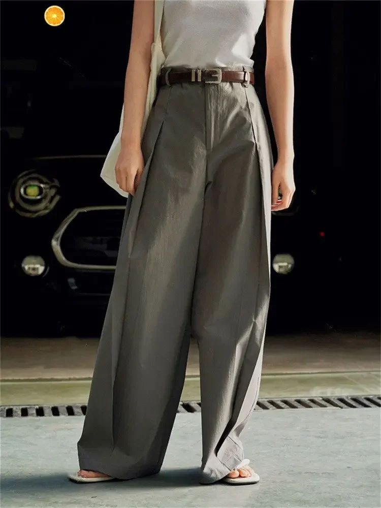 

HanOrange 2025 Summer Simple Wide Leg Pants Women High Waist Silhouette 100% Cotton Thin Trousers Female White Green/Khaki Gray