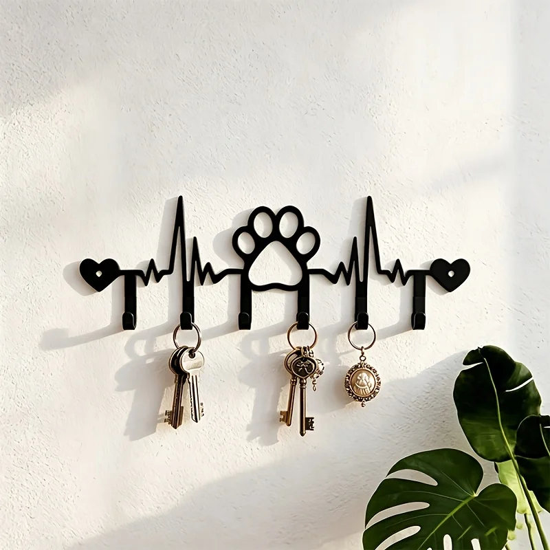 HELLOYOUNG Metal Dog Paw Heartbeat Key Holder,2D Flat Cutout Pet Paw ECG Silhouette Wall Hook,Entryway Key Hanger Home Decor