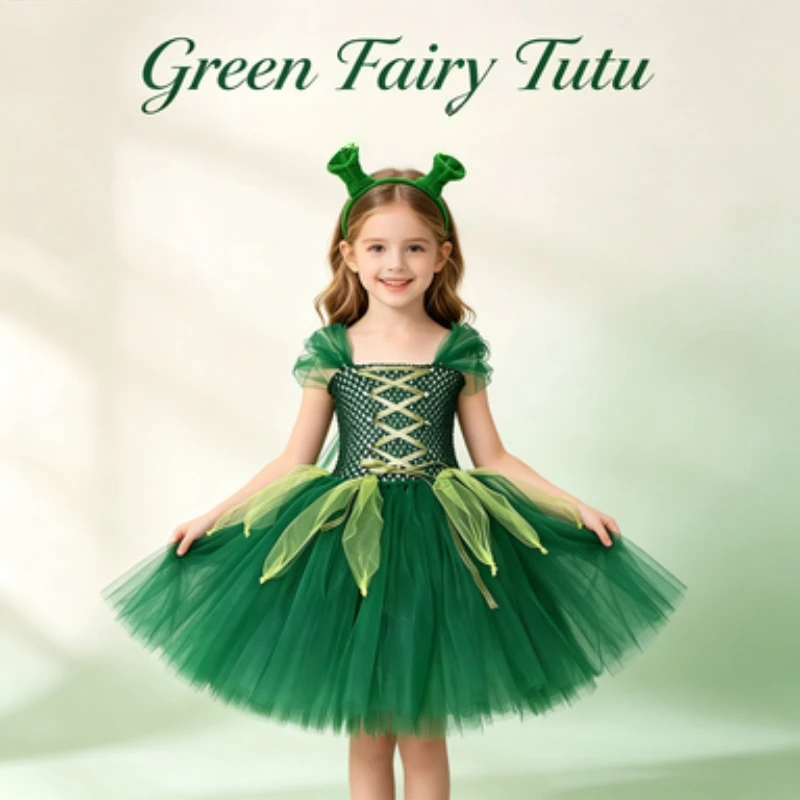 

Forest Elf Themed Kids Outfits,Green Princess Style Fluffy Tulle Dress for Toddler Girls,Perfect for Halloween Parties & Festive