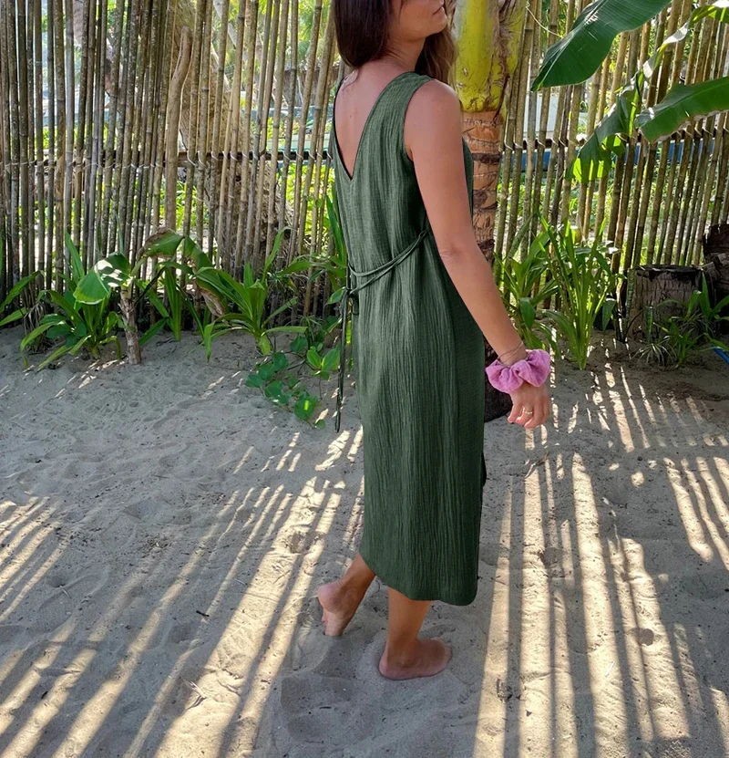 Chic And Elegant Dress For Women 100% Cotton Gauze Summer Sexy V-neck Sleeveless Side Long Maxi Birthday Party Beach Sundress