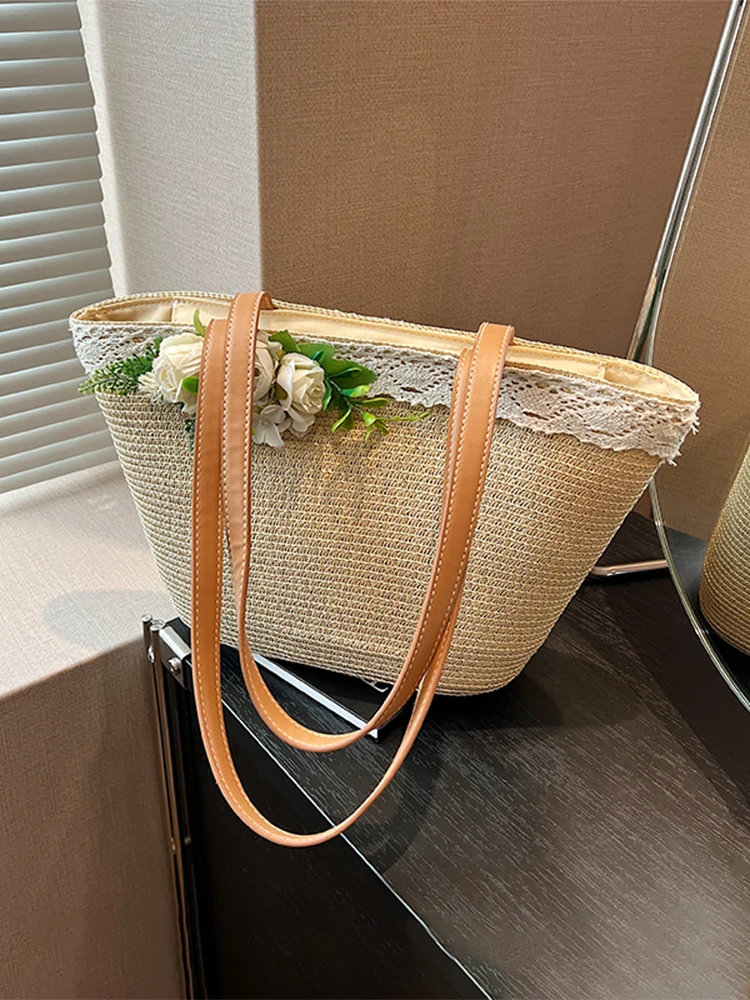 

Handwoven Large Capacity Straw Bag Women's Beach Vacation Single Shoulder Bag Holiday Basket Tote Bag Soft Handle Travel Bag