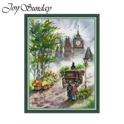 JoySunday Countryside Pattern Printed Cross Stitch Kits Aida 16CT 14CT Fabric Folk Crafts DMC Thread DIY Hand Embroidery Sets