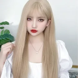 New synthetic fiber white gold long hair net red with air bangs long straight hair high temperature silk wig head cover