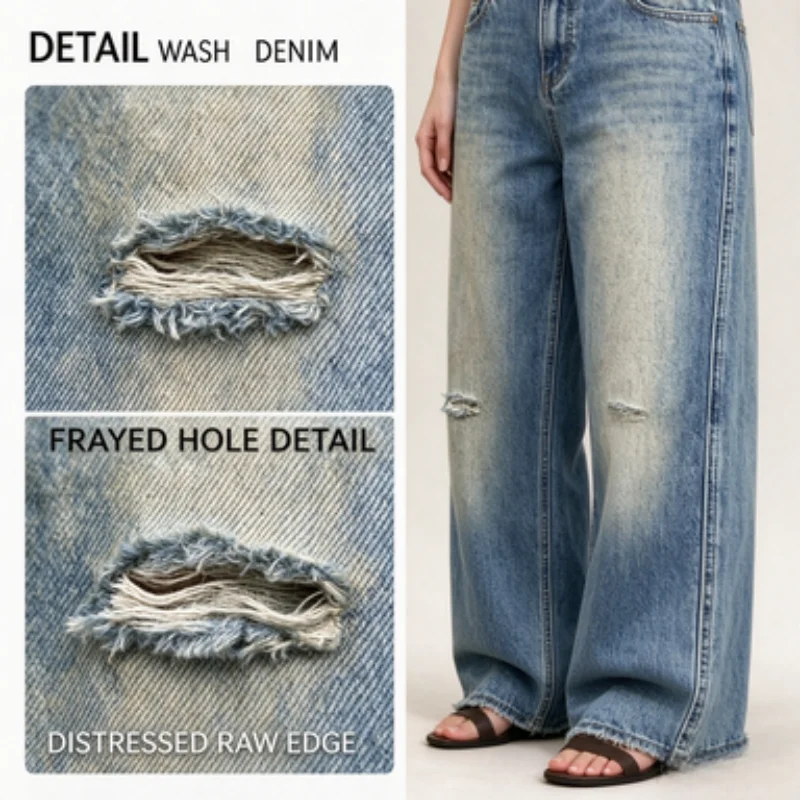 Men's Vintage Washed Jeans, Ripped Fringed Wide-Leg Straight Five-Pocket Street Fashion Pants