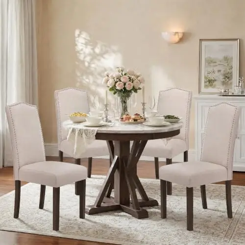 Upholstered Dining Chair Modern Stylish Kitchen Diner Fabric Set of 4 | Fabric Silver Nailhead Trim & Wood Legs, High