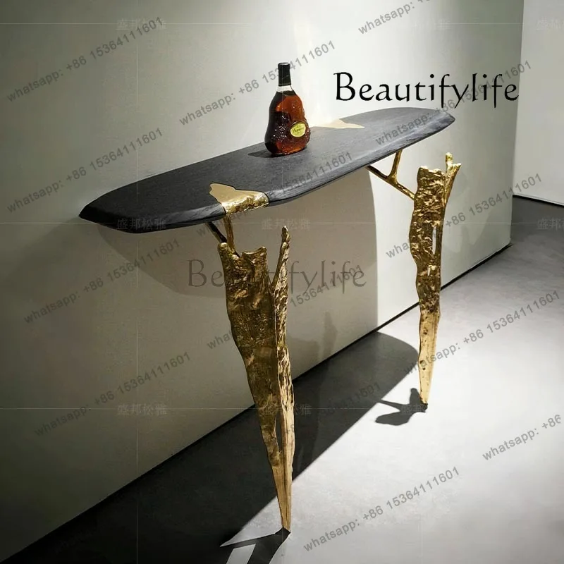 Italian light luxury brass entrance table high-end solid wood strip case modern creative entry wall entrance table