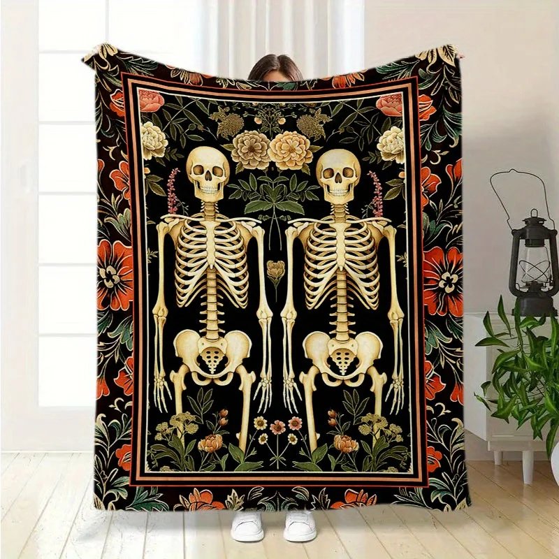 Gothic Romance: Halloween Skeleton Couple Blanket - Soft, Warm Flannel with Vibrant Floral Design, Tear-Resistant, All-Season Co