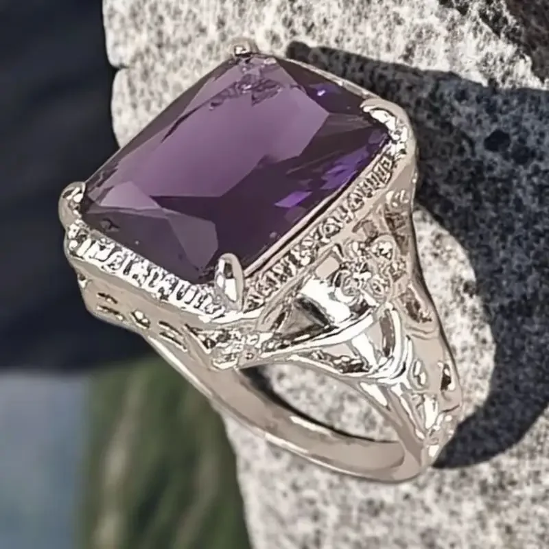Sparkling High-end Eternal Geometric Wedding Accessories with Fashionable Temperament, Purple Square Bright Zirconia Ring
