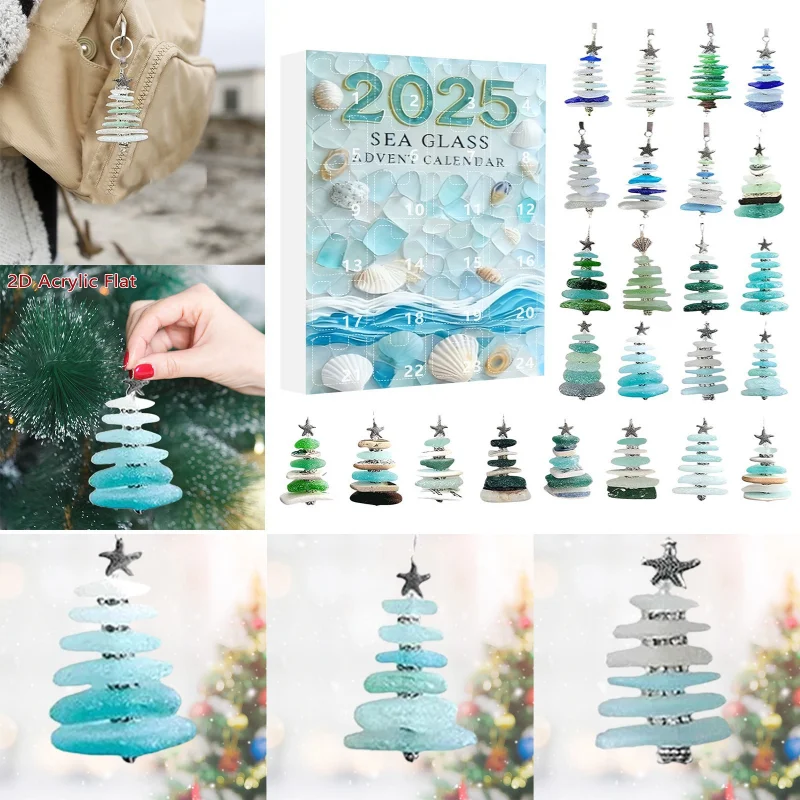 Acrylic Christmas Tree Pendant Blind Box Advent Calendar Simulated Sea Glass Tree Tree Shape Xmas Countdown Calendar Home Decor
