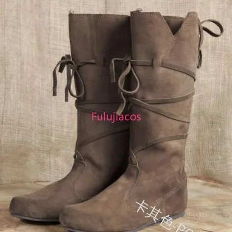 Medieval Vicking Costume Retro Men Knight Boots Larp Shoes PU Leather Nordic Warrior Cosplay Fancy Carnival Party Anime Shoes
