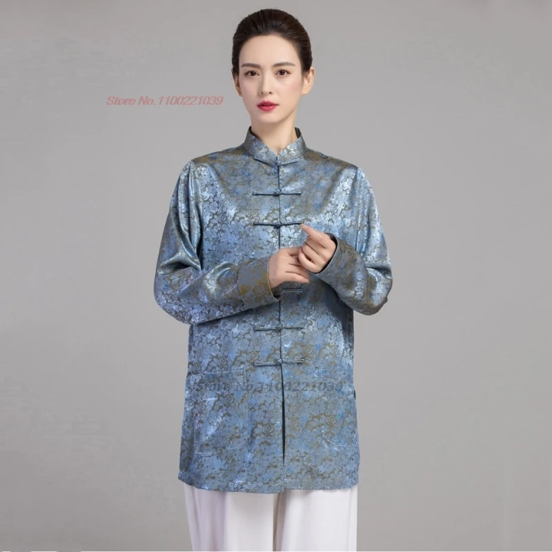 2024 Cina kung fu tai chi seni bela diri wushu seragam satin jacquard atasan + Celana set wing chun latihan latihan setelan