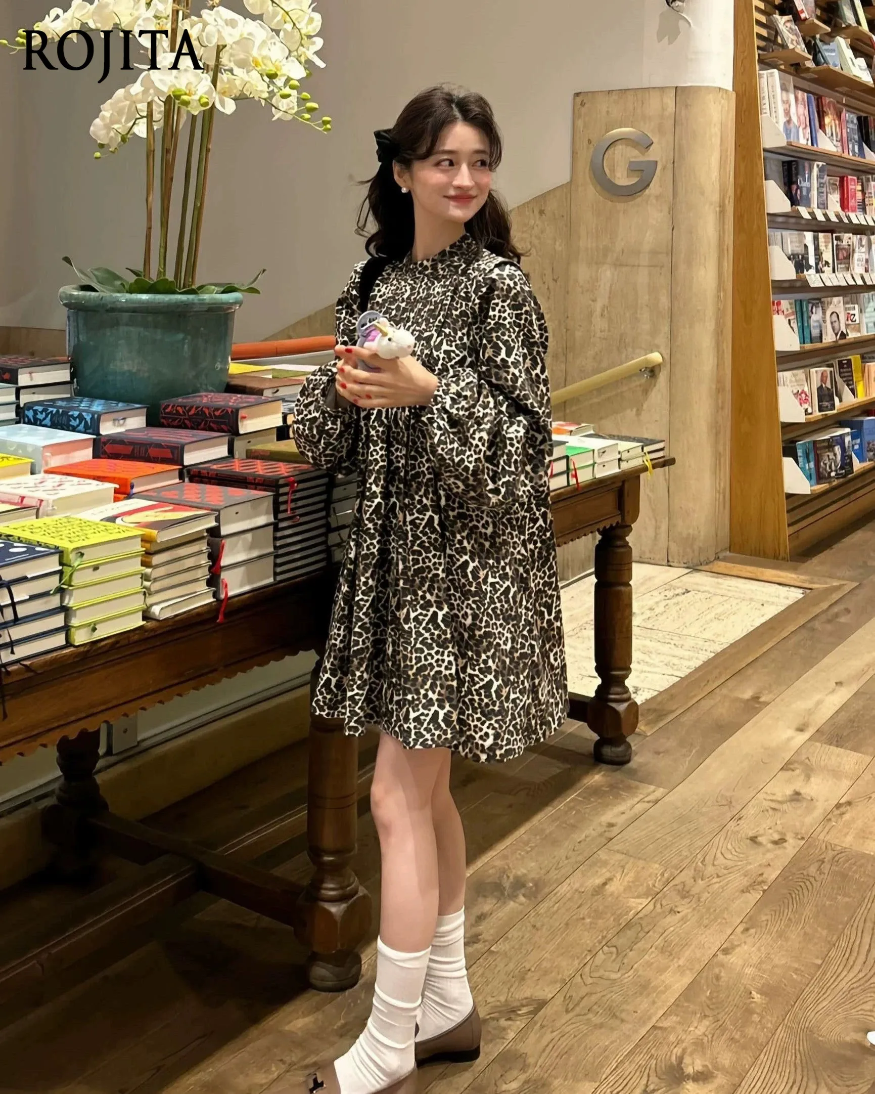 

Bow Ribbon Washed Cotton Vintage Leopard Print Mini Dress 2026 Spring New Loose Round Neck Long Sleeve A-line Dress