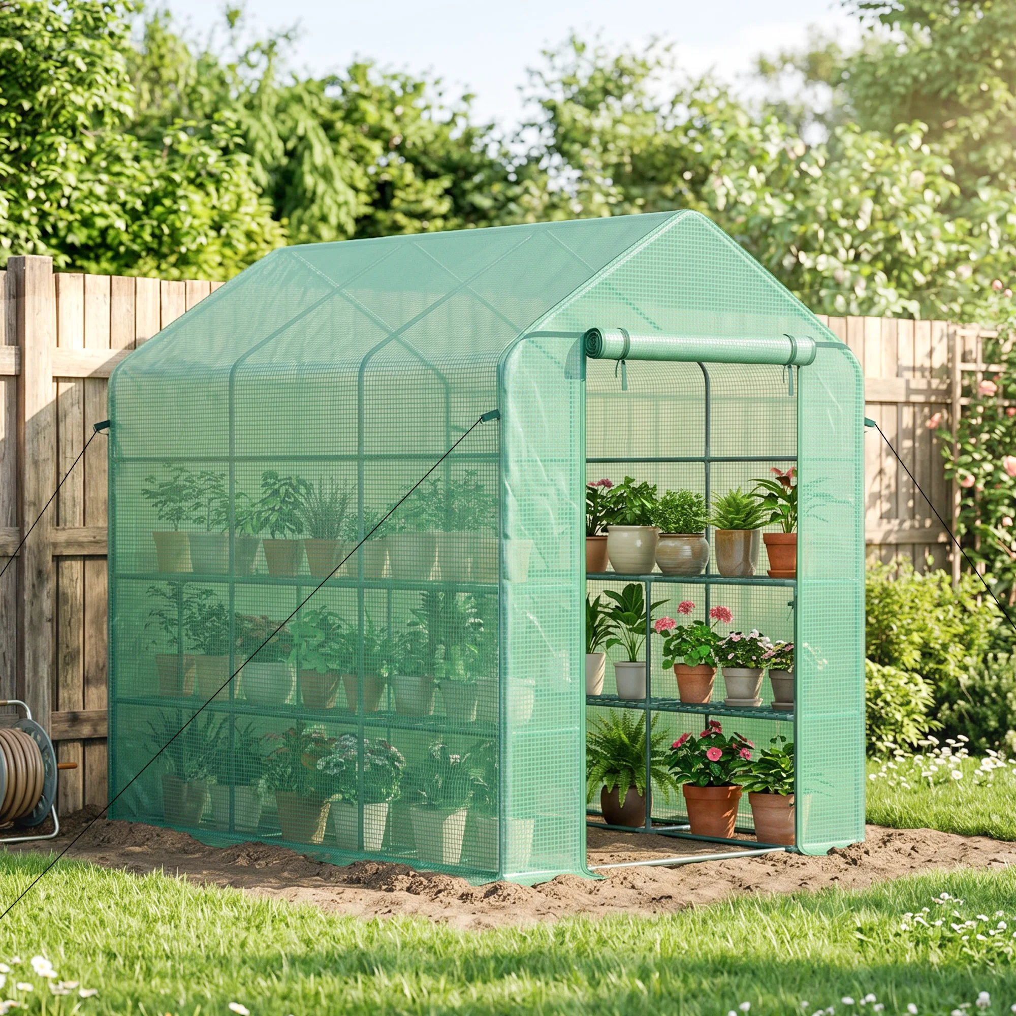 7' x 5' x 6' Outdoor Walk-In Greenhouse, PE Cover, Shelves, Door, Green