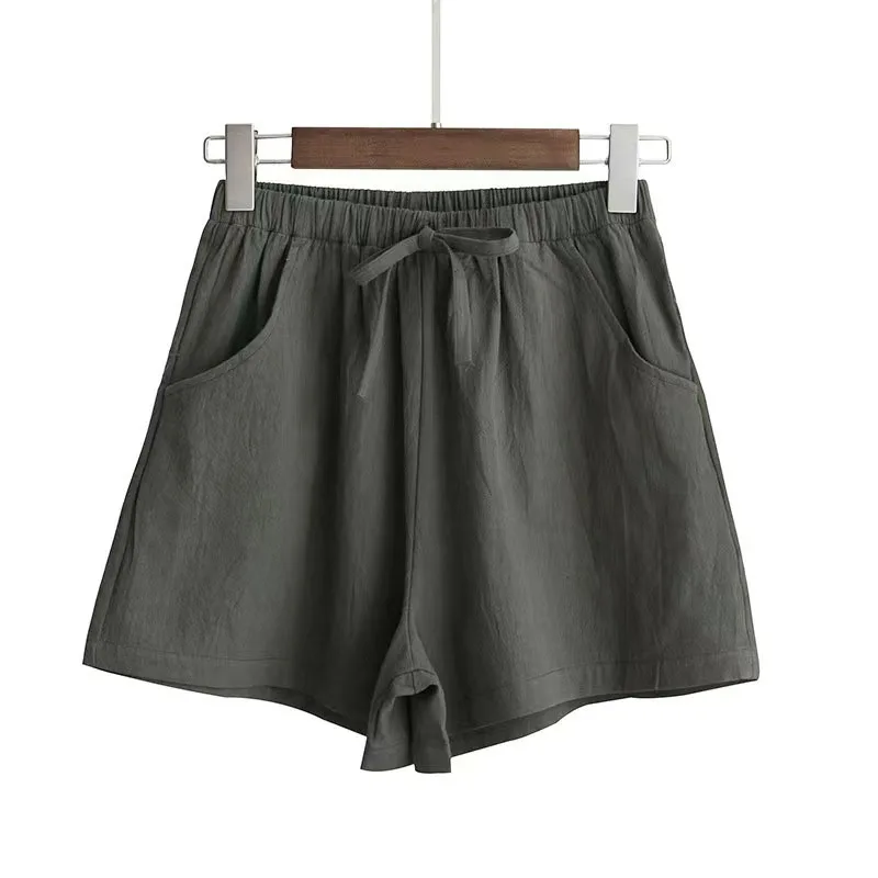 Damen Baumwoll-Leinen-Shorts 2026 – Neue Sommer High-Waist Freizeit-Sportshorts für Damen, einfarbig mit Taschen, lockere Strand-Shorts – Detail 14