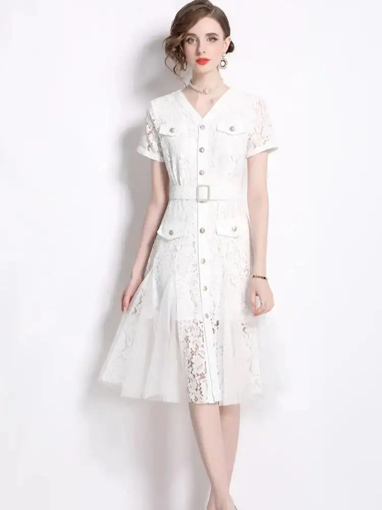 Verão com decote em v manga curta diamantes único breasted cinto midi vestido moda designer malha emendado renda sólida uma linha vestidos