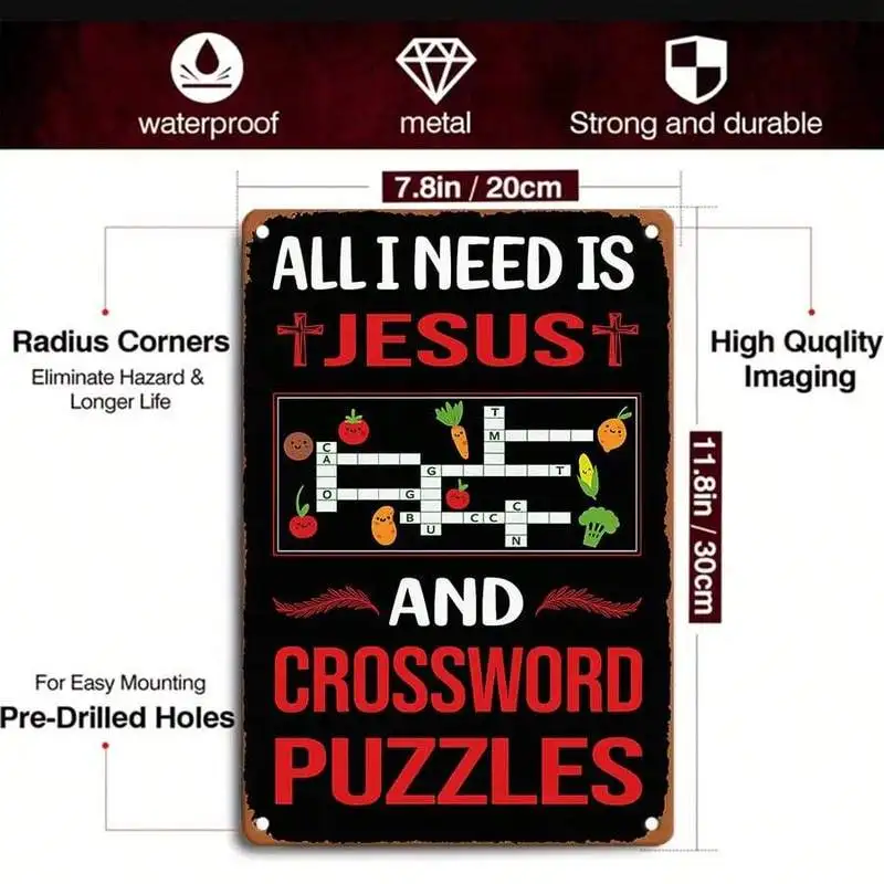 1pc 2d Flat Tin Sign All I Need Is Jesus And Crossword Puzzles Inspirational Wall Decor, For Men Women,Wall Decor For Living Roo