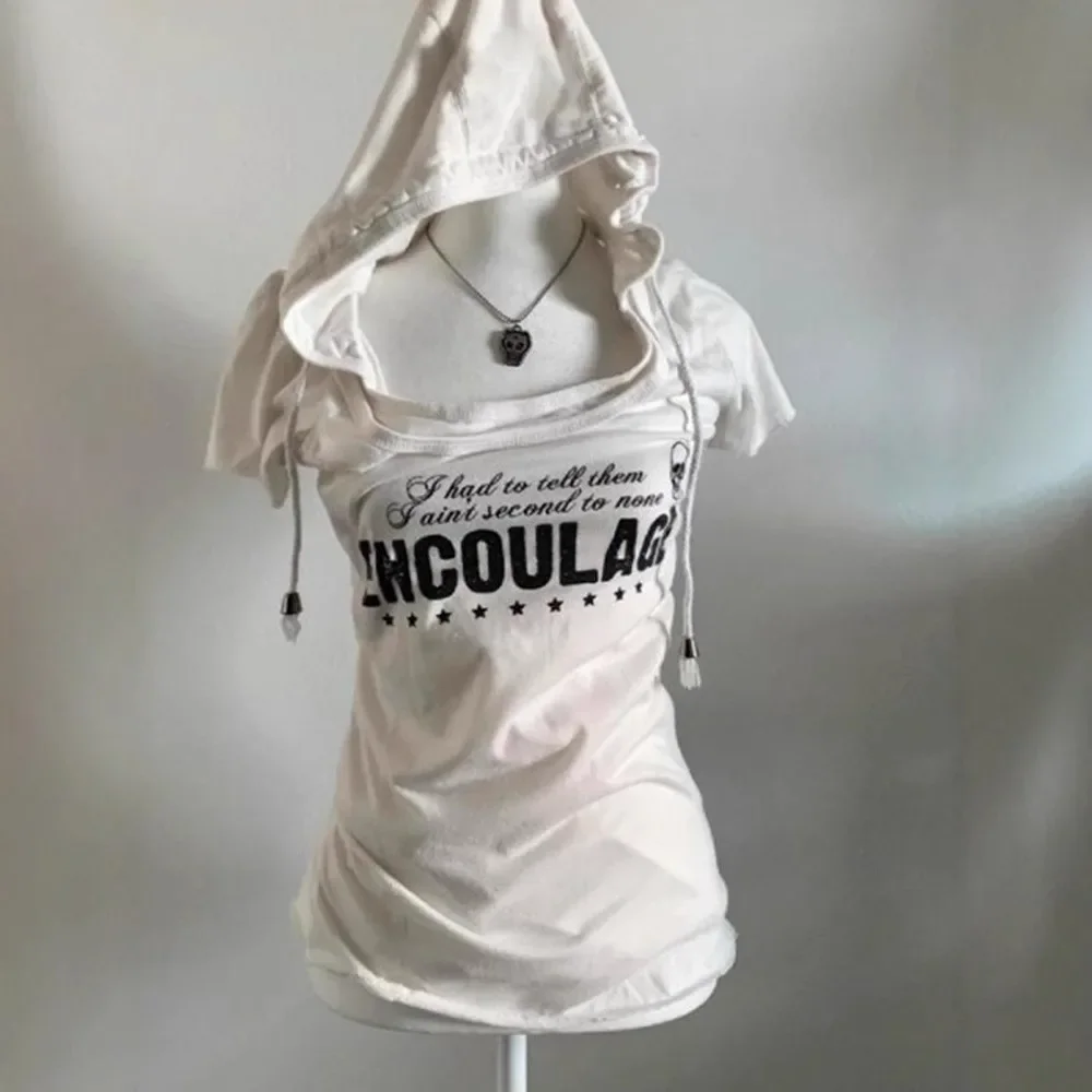 

Goth Y2k American Vintage Hooded Short Sleeved Fake Two-piece T-shirt Grunge Girl Cut Top Women's Summer Shirts for Women Trendy