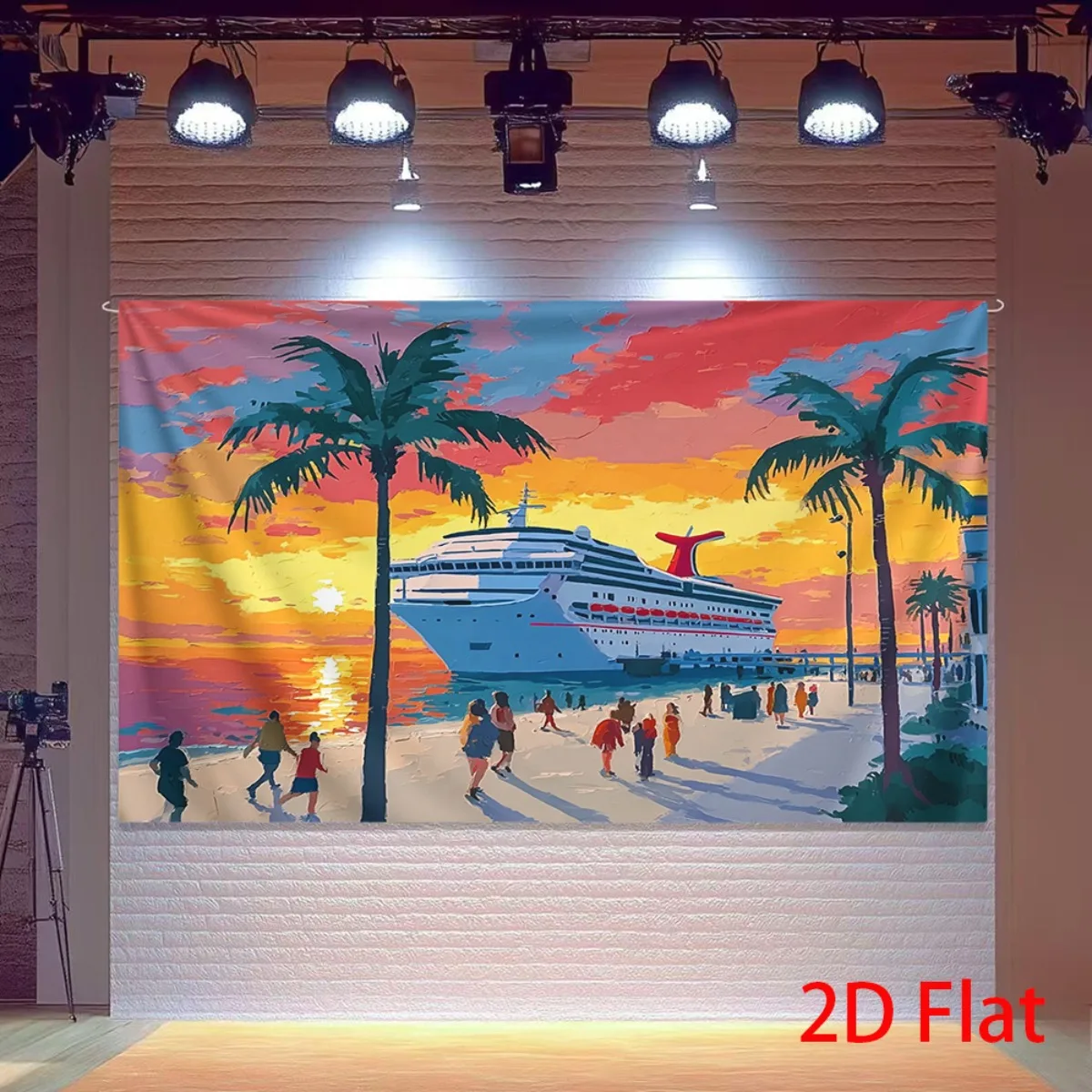 Cruise Ship Sunset Beach Tapestry Tropical Palm Tree Ocean Voyage Wall Decor Travel Vacation Summer Sea Port Cityscape 2D Flat