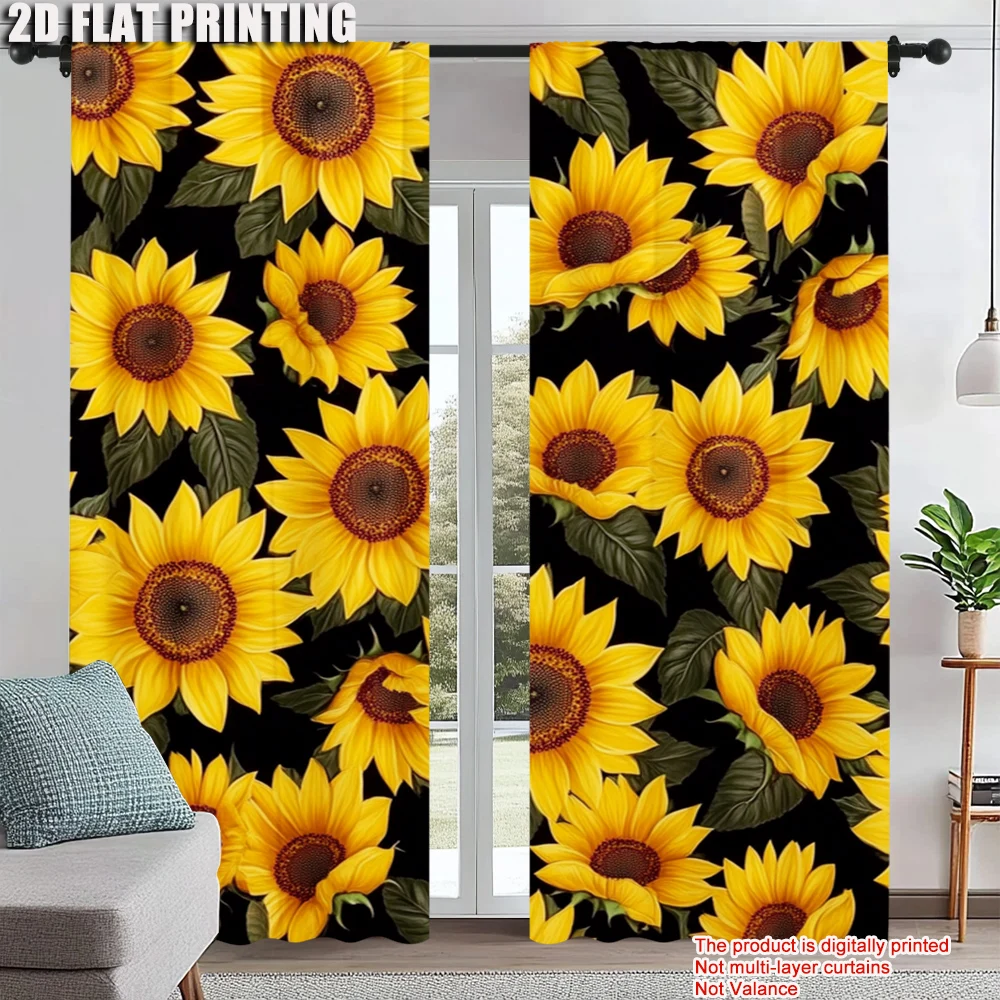 

2Pcs Sunflower Printed Window Curtains Rod Pocket Decorative Window Drapes Window Treatments For Bedroom Living Room Home