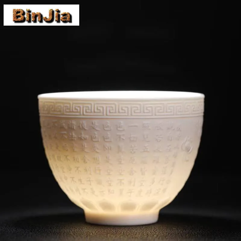 

1 шт. Бутик Suet Нефритовая белая фарфоровая чайная чашка ручной работы Emed Heart Sutra Чайная чашка Дорожная чаша Мастер-медитация Украшения Ремесло