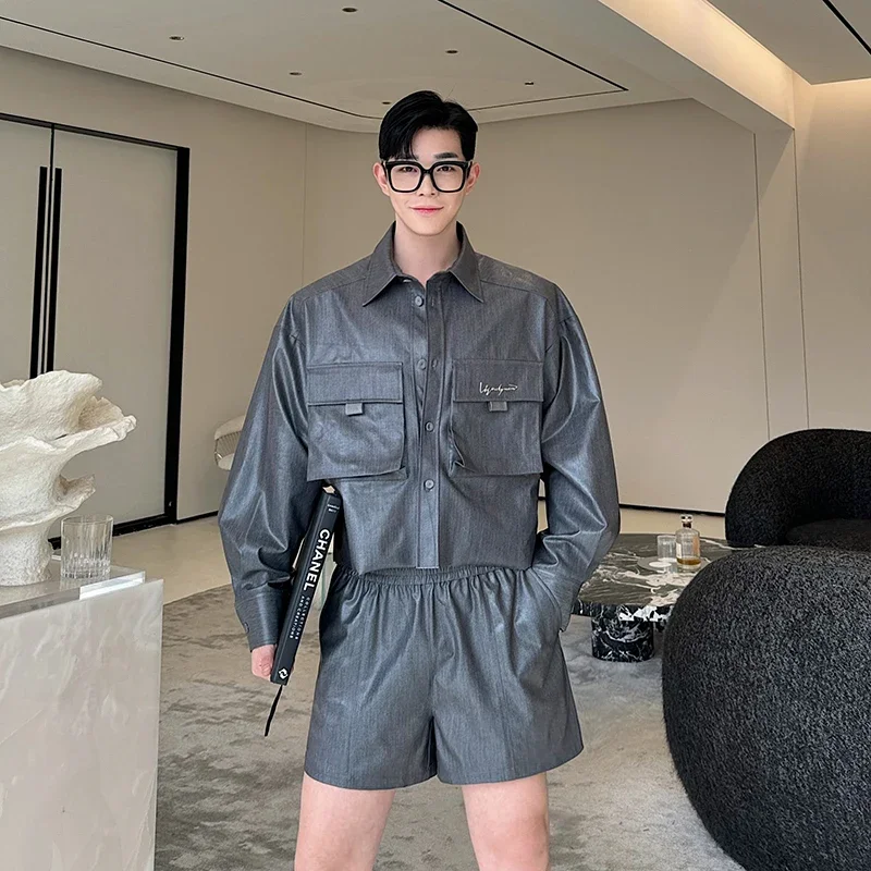 Men Imitation Denim Loose Casual Long Sleeve UltraShort Shirt Shorts 2 Pieces Sets Korean Streetwear Show Stage Clothes Costumes