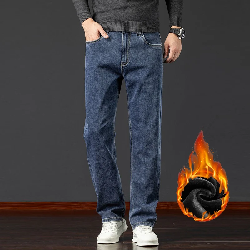 

Fashion Men Autumn Winter Warm Loose Straight Jeans Male Snow Warm Plush Fleece Casual Denim Pants Plus Size 42 44 Trousers