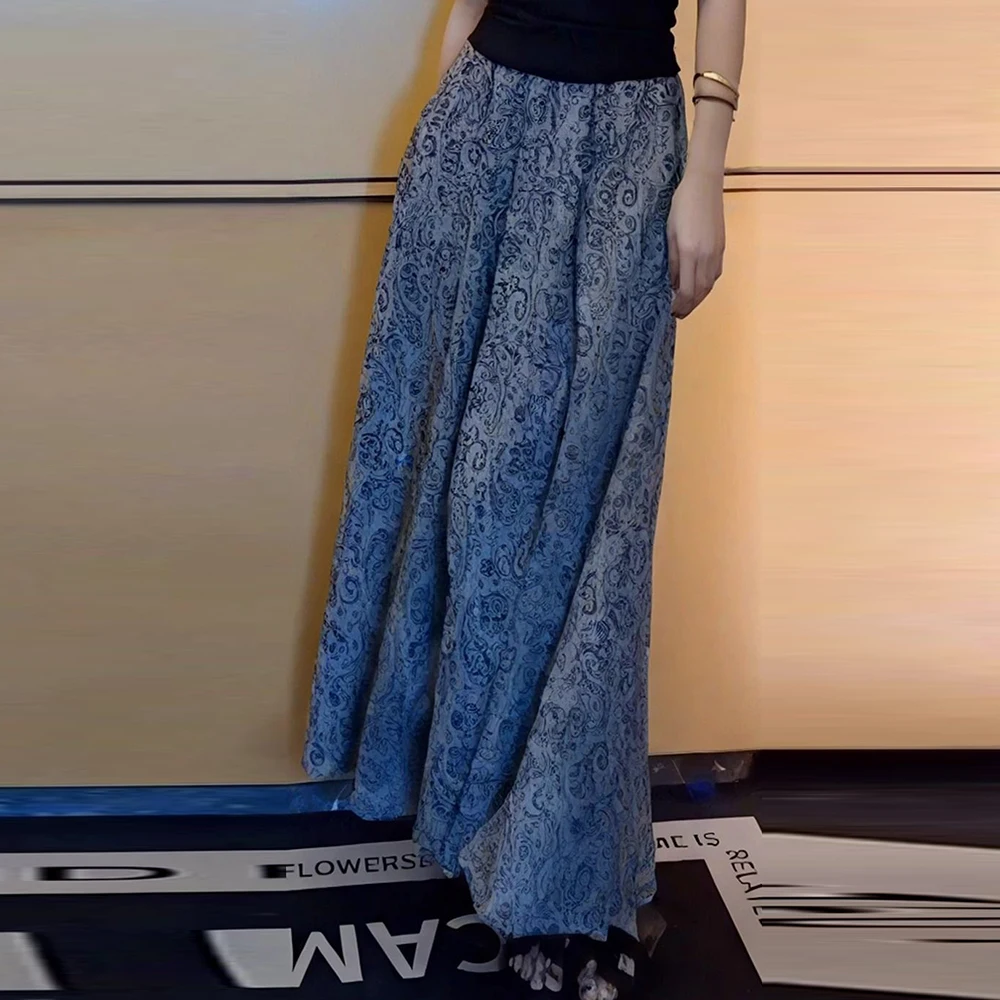 Large size 2025 summer new French fashion lady style printed skirt women's high-end elastic waist long skirt