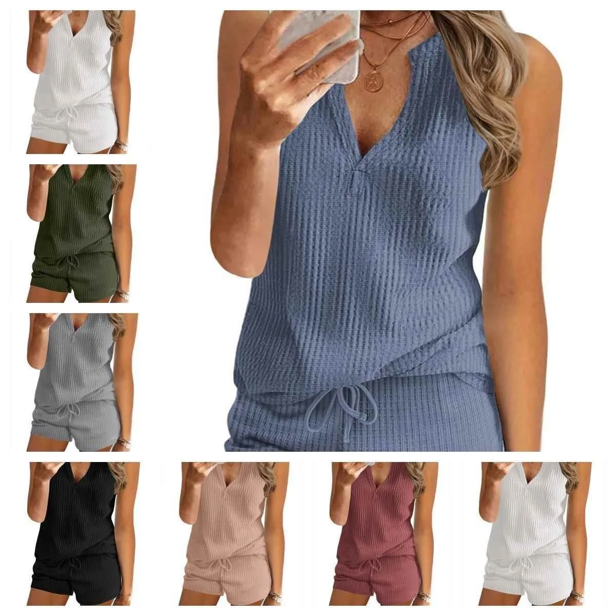 Colete feminino para casa, conjunto de camiseta com gola esportiva, peça completa, calças de cinco quartos, roupa de verão para adultos