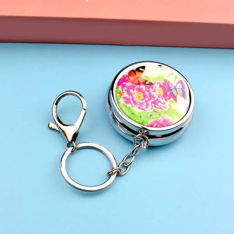  Metal Keychain Pills Box with Mirror and Sealed Compartment Portable Medicines Dispenser Pendant Keyring Accessory