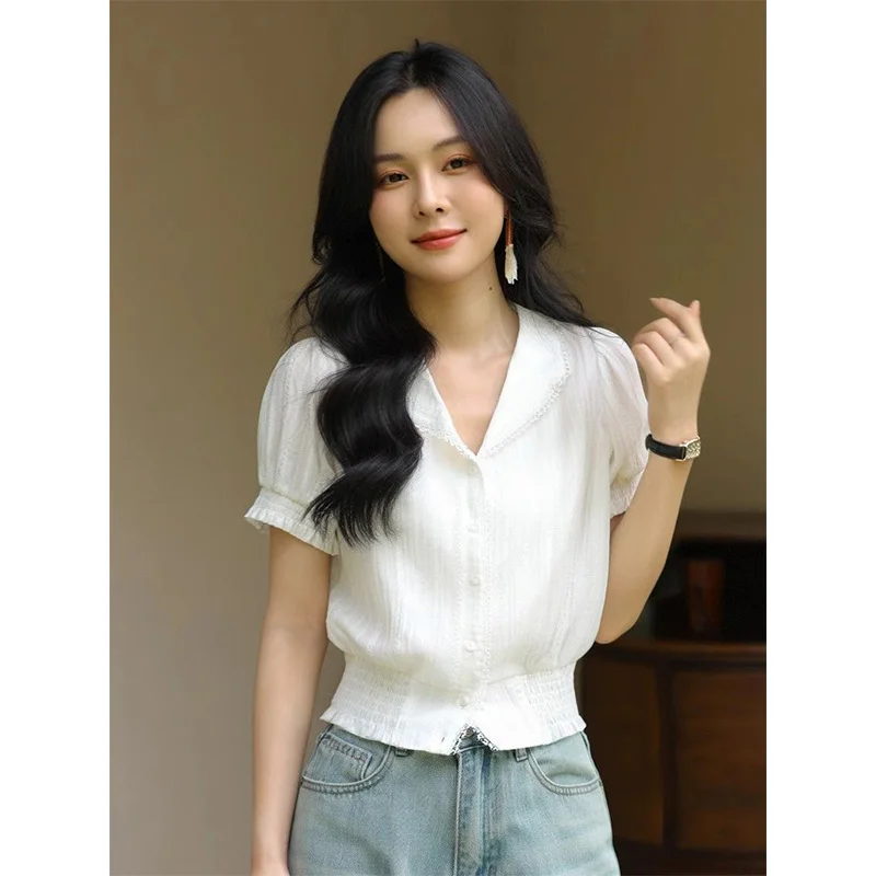 

Women Clothing Summer Fashion Casual Button Solid Color Polo Collar Women Shirts Simplicity All-match Appear Thin Short Sleeve