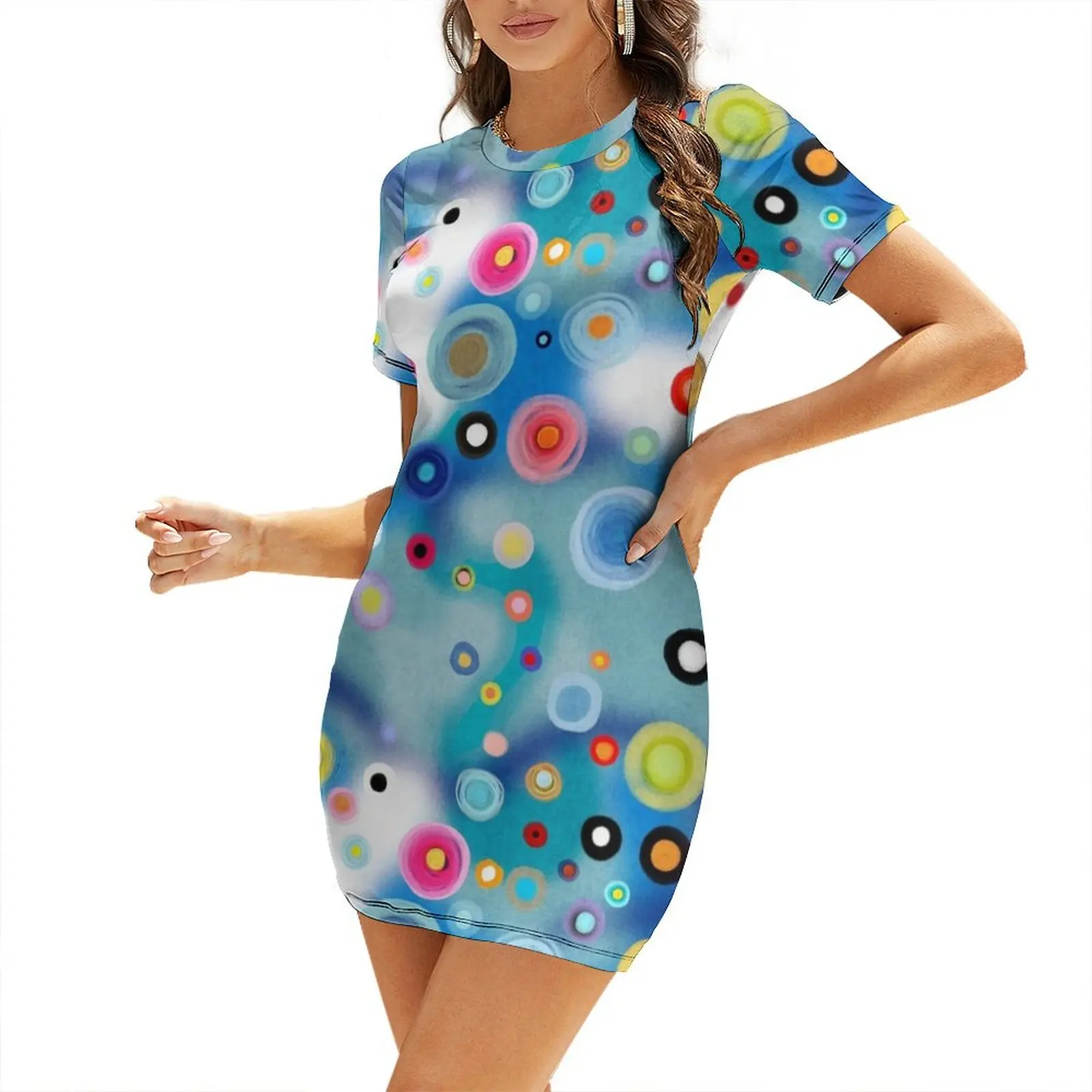 

Teal blue circles rainbow blue Short-Sleeved Dress women formal occasion dresses womens clothing women's summer dress 2025 Dress