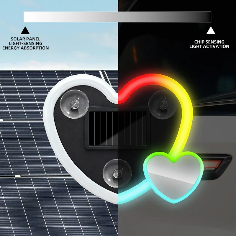 1pcs LED Solar Powered Heart-shaped Colorful Neon Light Car Triangle Window LED Ambient Atmosphere Light Rear Window Decoration