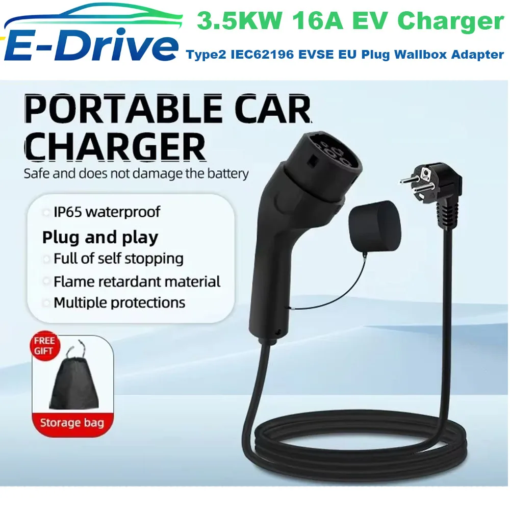 2025 New Portable 3.5KW 16A EV Charger 3M 5M Cable Type2 IEC62196 EVSE EU Plug Wallbox Adapter For Electric Vehicle