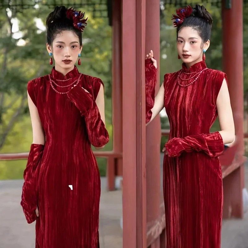 

Новое женское бархатное платье-ципао для свадебной церемонии в китайском стиле, облегающее, с длинной юбкой, в стиле ретро, лето 2025