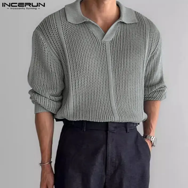 

2024 Men Shirts INCERUN Summer Fashion Lapel Solid Hollow Out Shirt Long Sleeve Chemise Men Clothing Blouse Top Streetwear S-5XL