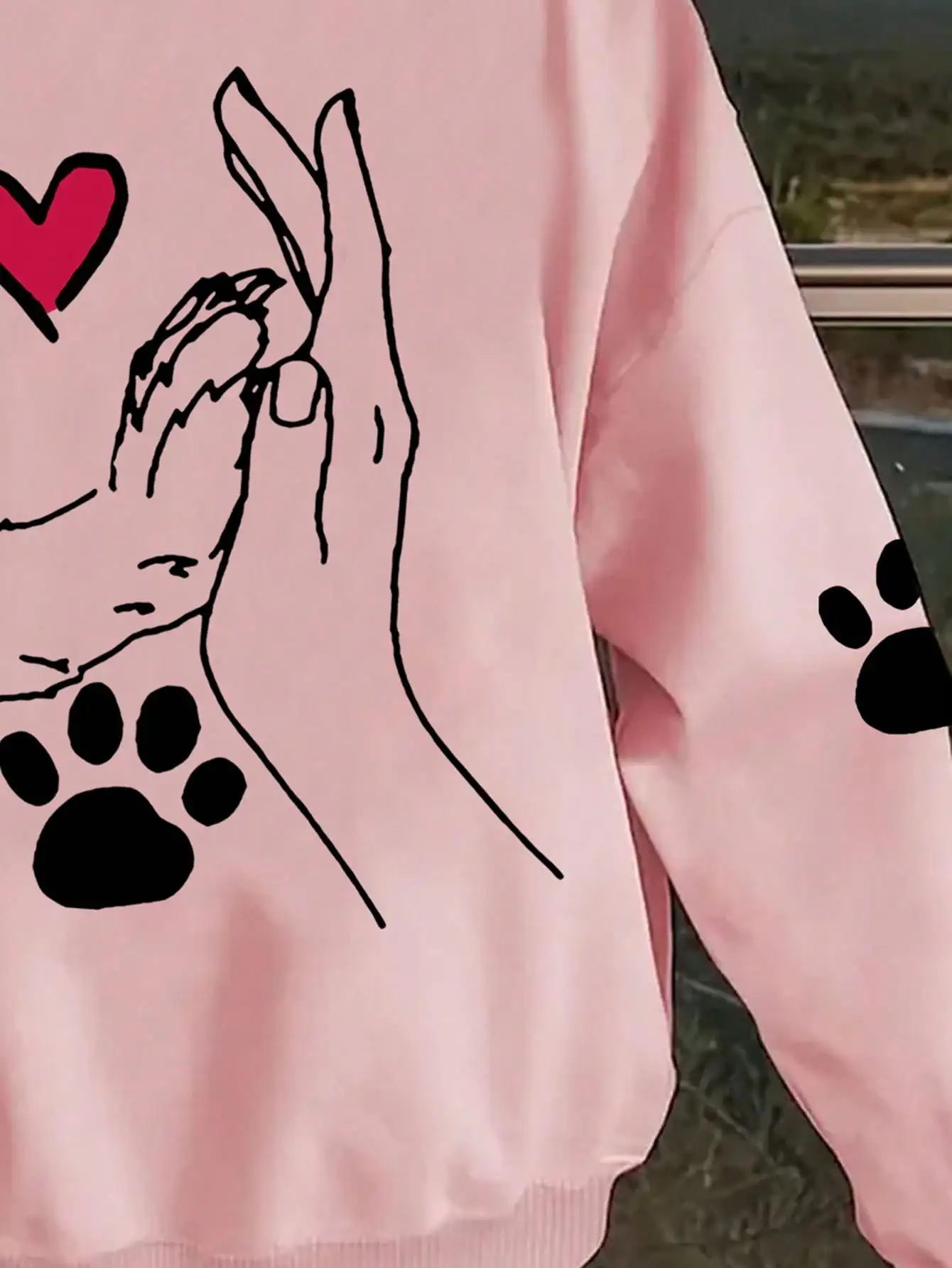 Lässiger und eleganter Damen-Hoodie aus Polyester mit Hundepfoten- und herzförmigen Abdrücken, Kapuzenpullover, Tiermuster – Detail 9