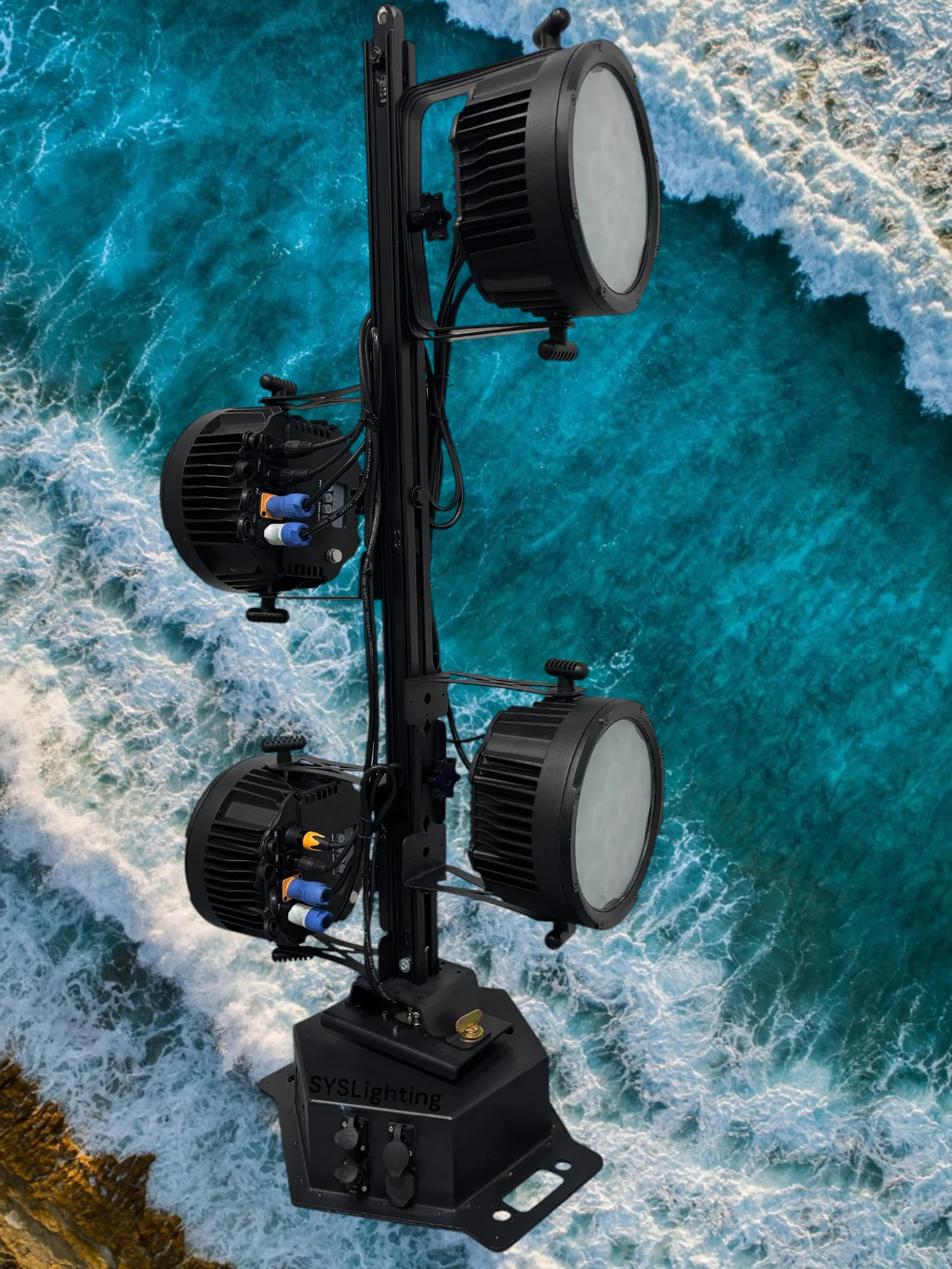 360-degree infinitely rotating base IP65. With infinitely rotating function, suitable for studios, theaters, bars, discos and ot