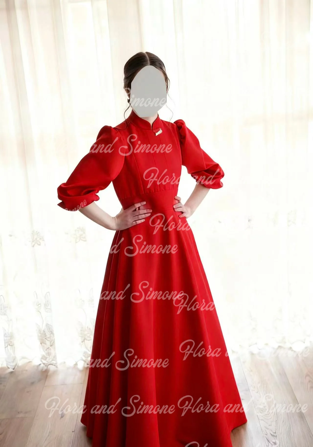 Vestido floral de cetim rosa personalizado, gola alta, meia manga, cerimônias de casamento, festa de aniversário, evento, vestido formal